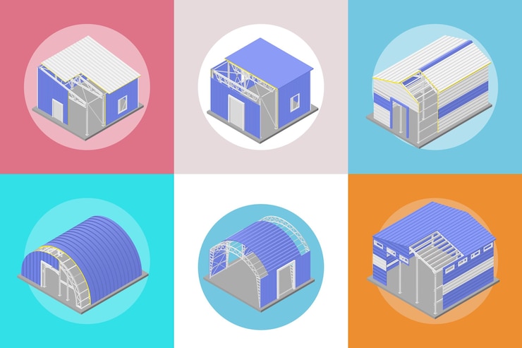 Vetor quadrado de construções metálicas com símbolos de paisagem urbana industrial isométrica ilustração vetorial isolada