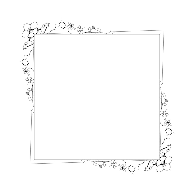 Quadrado de linha simples preto abstrato com folha folhas moldura flores doodle elemento de contorno vetor