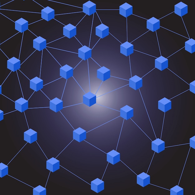 Quadrado de tecnologia 3D azul com linhas conectadas.