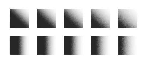 Quadrados texturizados granulados de gradiente linear de ruído preto de várias intensidades