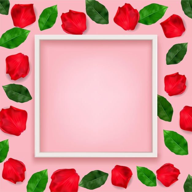 Quadro branco e pétalas de rosa em fundo rosa. para o dia dos namorados