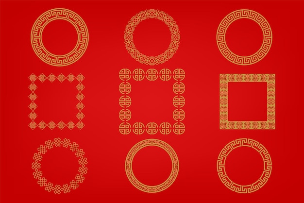 Vetor quadro chinês ou borda definida em fundo vermelho ornamentos tradicionais asiáticos dourados orientais