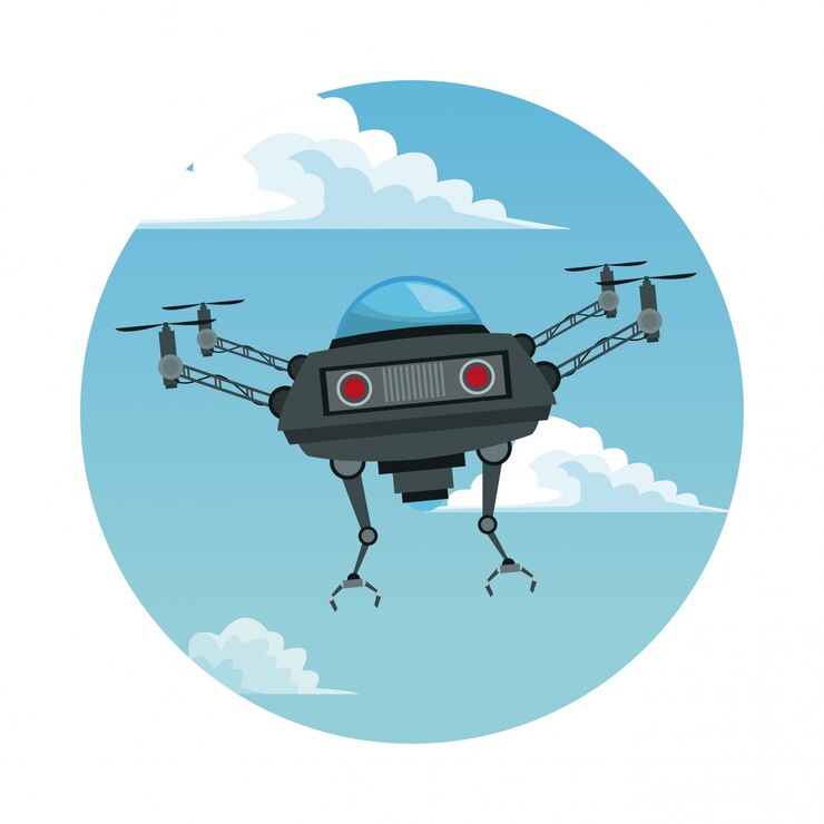 Vetor quadro circular com cenário da paisagem do céu e robô drone com ilustração vetorial dos braços metálicos
