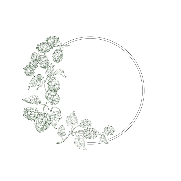 Quadro circular com lúpulo Linha redonda desenhada à mão Fronteira de folhas e flores Convidado de casamento e cartões Desenho de logotipo e modelo de cartazes Estilo minimalista elegante vetor floral isolado