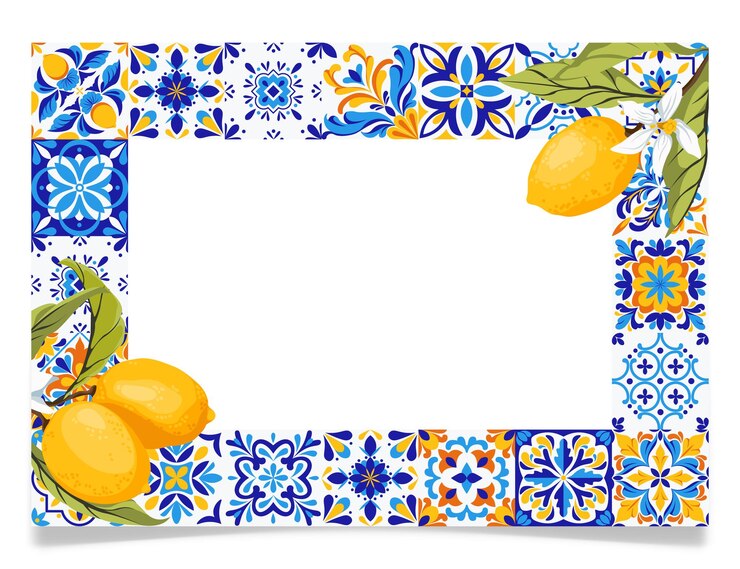 Vetor quadro com azulejos azuis e ramos de limão vetor
