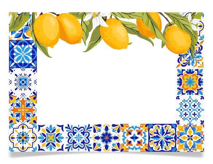 Vetor quadro com azulejos azuis e ramos de limão vetor