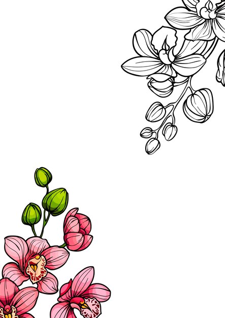 Quadro com flores de orquídeas exóticas roxas e roxas ilustração vetorial para convite para evento de casamento