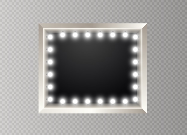 Quadro com lâmpadas. Banner iluminado em fundo transparente. Outdoor de luzes brilhantes para publicidade.