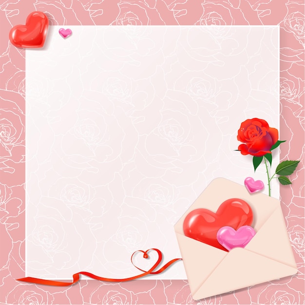 Vetor quadro com letras, rosas, fitas e corações