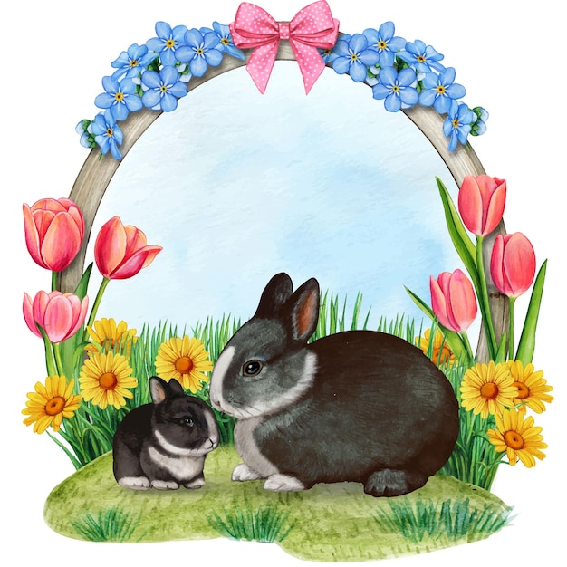 Quadro de aquarela natural do país com coelhos e flores de jardim