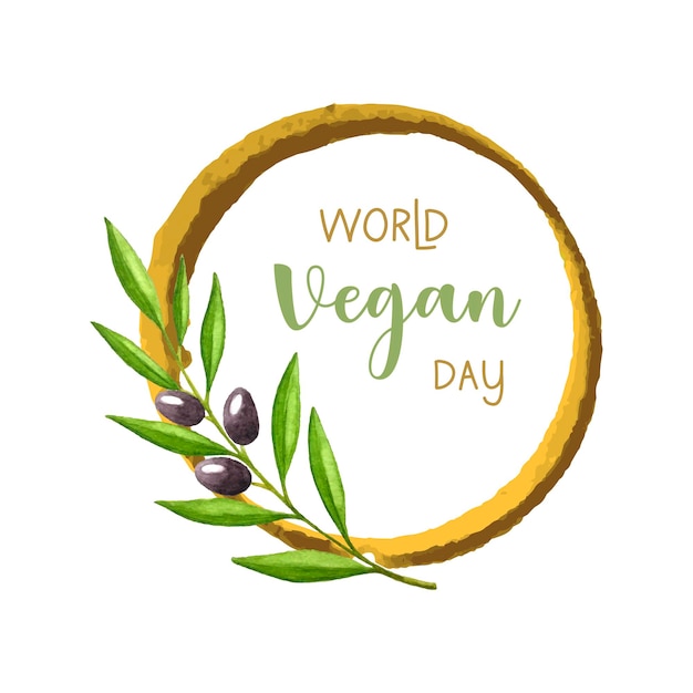 Quadro de aquarela redondo do Dia Mundial do Vegano com aquarelle de ramo de oliveira, para banner de parabéns de pôster