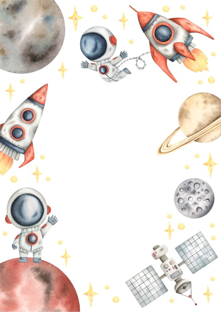 Vetor quadro de aquarela vetorial espacial desenhado à mão com pequenos foguetes de astronautas, planetas e estrelas