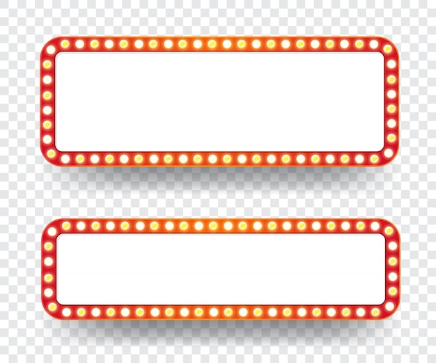 Quadro de avisos de lâmpadas elétricas. Quadros de luz retrô vazios para texto.