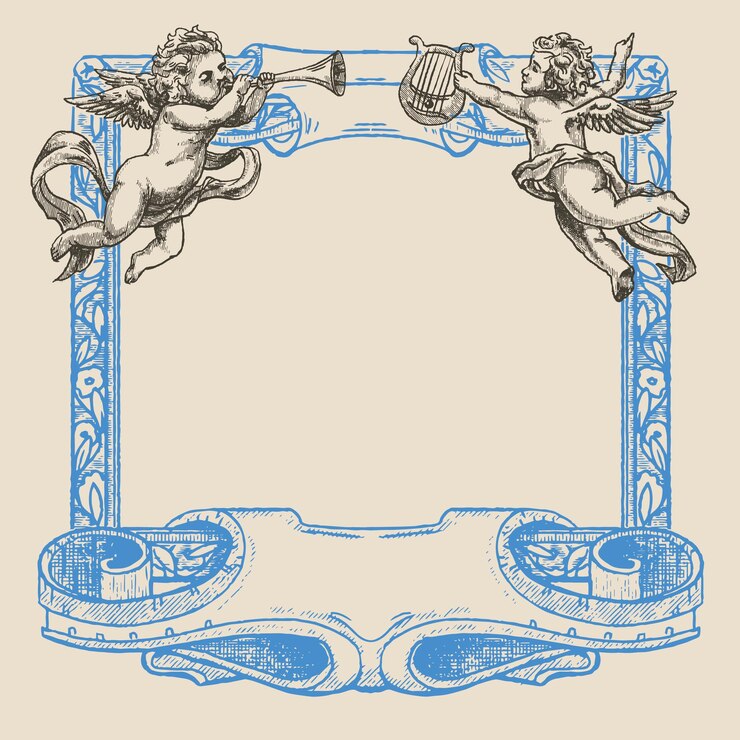 Vetor quadro de convite com duas ilustrações de anjos em estilo de gravura medieval