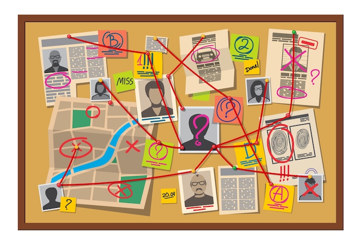 Vetor quadro de crime com pinos e evidências conectadas com fio vermelho