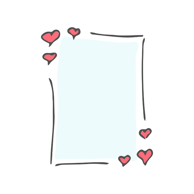 Quadro de doodle de retângulo vertical com corações pequenos simples variados, isolados no fundo branco. Ilustração desenhada à mão