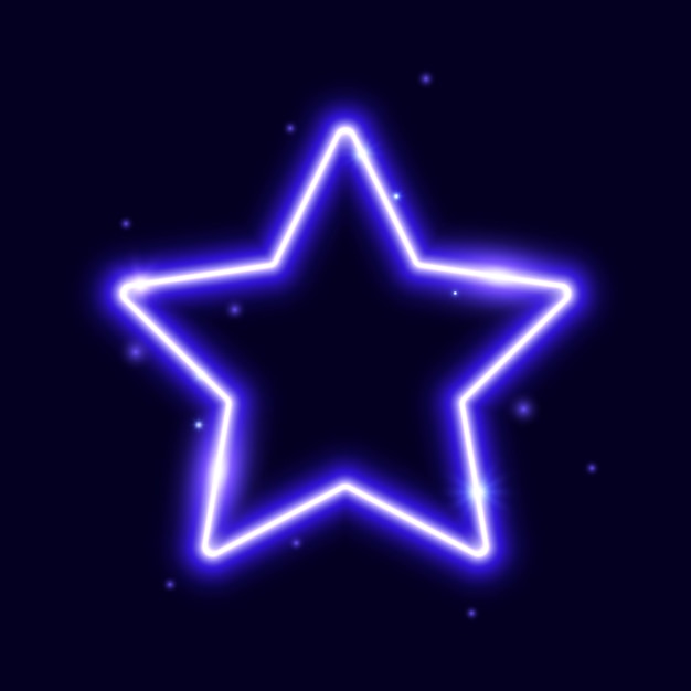 Quadro de estrela de néon roxo com faíscas Luzes elétricas brilhantes formam elemento de design brilhante iluminado