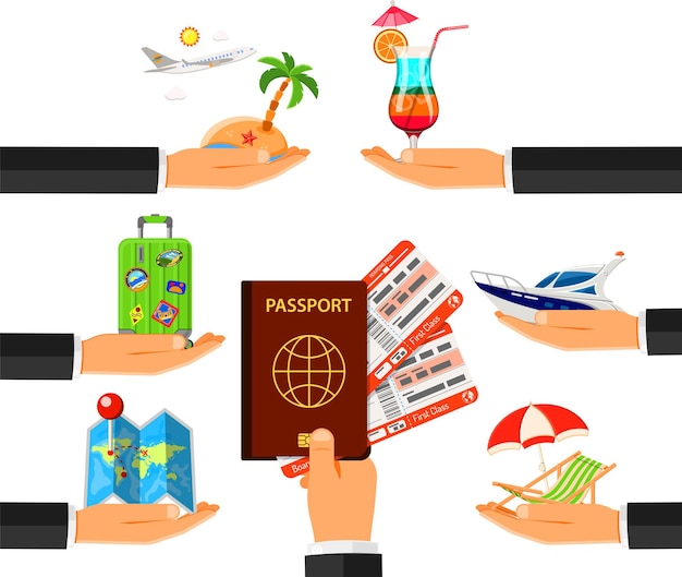 Quadro de férias e turismo com ícones planos para aplicativos móveis publicidade em sites como barco coquetel ilha avião e mão com passaporte e ingressos