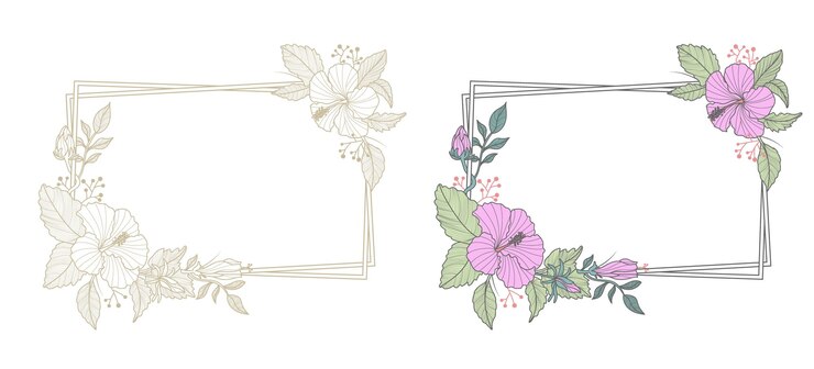 Vetor quadro de flores com flores tropicais de borda retangular flor de hibisco magenta