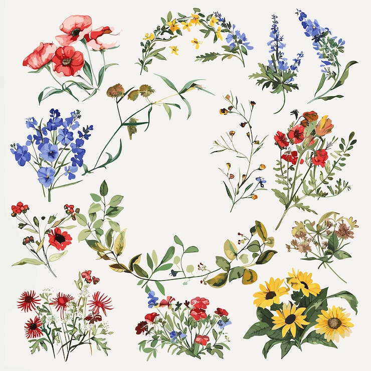 Vetor quadro de flores selvagens de cor de água