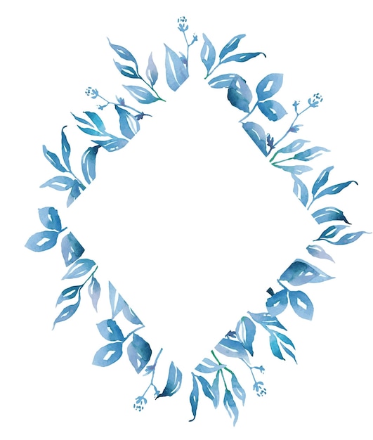 Quadro de folhas azuis Clipart em aquarela
