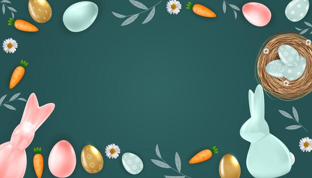 Quadro de fundo de páscoa com ovos de páscoa realistas, coelho e cenoura.
