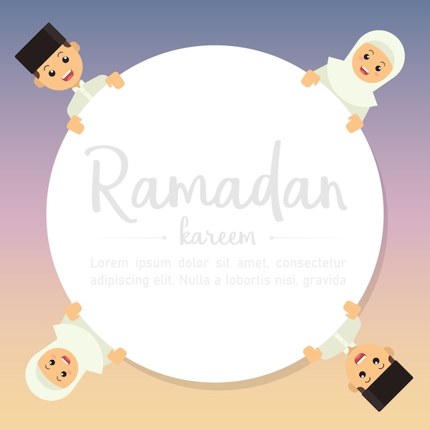 Vetor quadro de mensagens de ramadan kareem com crianças bonitos dos desenhos animados