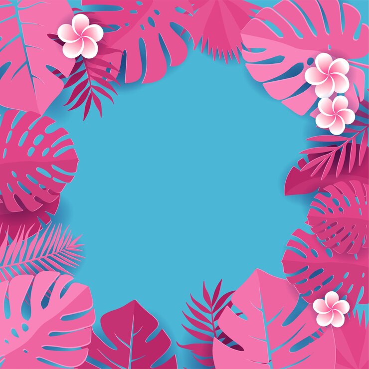 Vetor quadro de monstera tropical folhas com flores de frangipani. fundo floral com corte de alcaparra