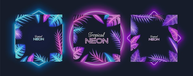 Vetor quadro de néon roxo com banana tropical, plantas monstera, folhas de palmeira, ilustração vetorial isolada. a planta exótica da selva de cores fluorescentes deixa as fronteiras.