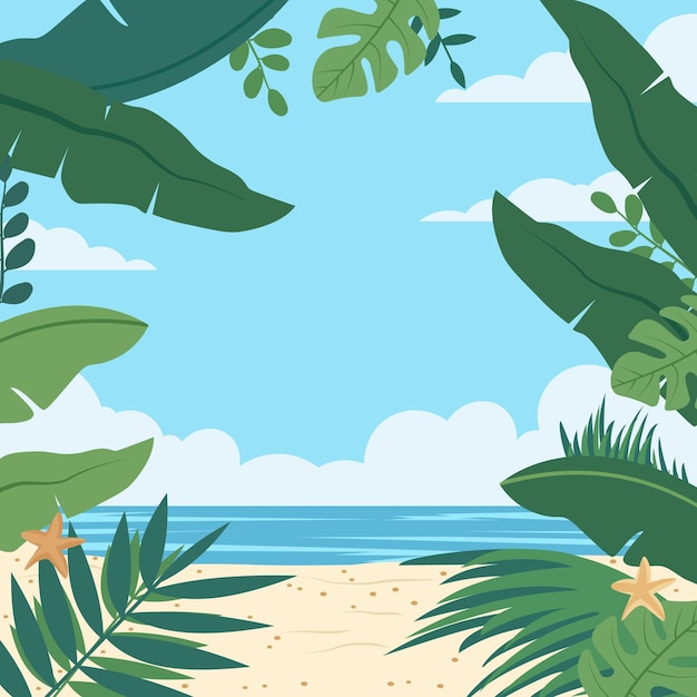 Quadro de praia de verão com fundo de planta de folha tropical e espaço de cópia