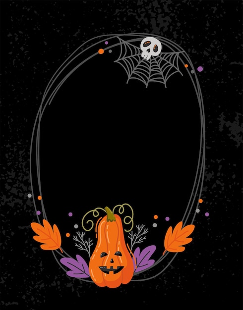 Quadro de vetor assustador de halloween. decoração desenhada à mão com abóbora, caveira e teia de aranha