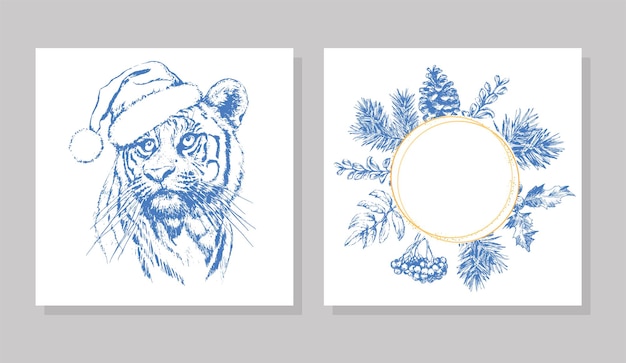 Quadro de vetor desenho de balão de natal. tigre, lindo convite desenhado à mão, cartão de felicitações. ilustração de impressão de férias, ilustração vetorial