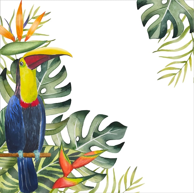 Quadro desenhado à mão com folhas tropicais de tucano aquarela