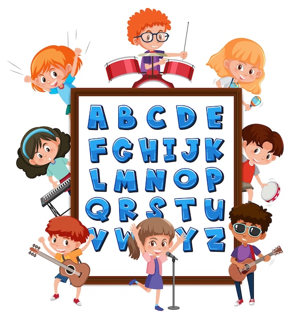 Vetor quadro do alfabeto az com muitas crianças fazendo atividades diferentes