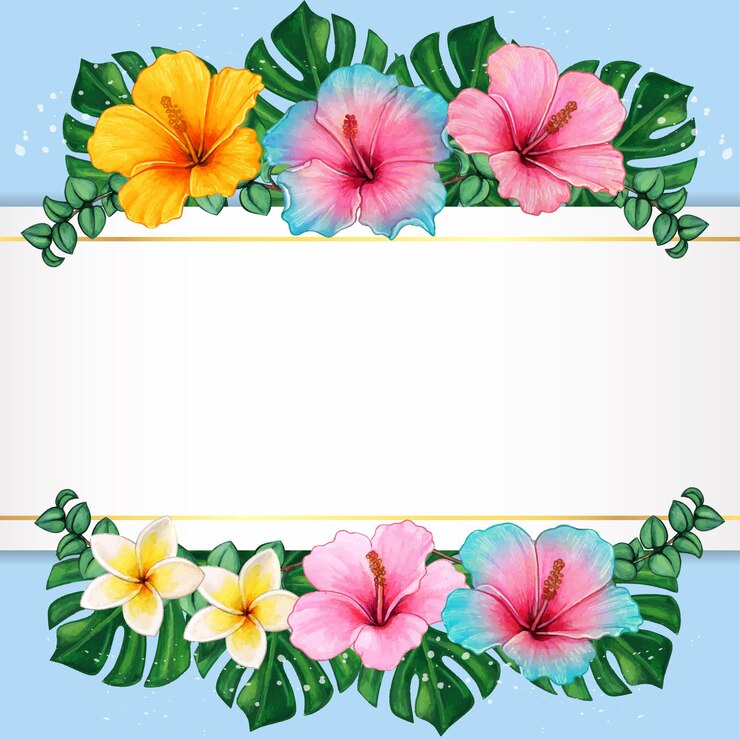 Vetor quadro elegante de flores de hibisco em aquarela e folhas tropicais