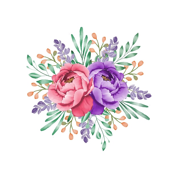 Quadro floral em aquarela com peônia e folhas vetor premium