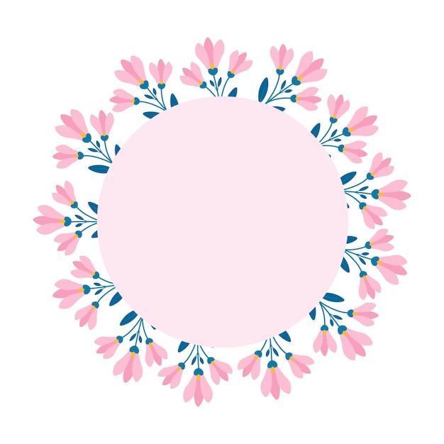 Vetor quadro floral flores cor de rosa em torno de um padrão de vetor de círculo rosa com galhos de magnólia