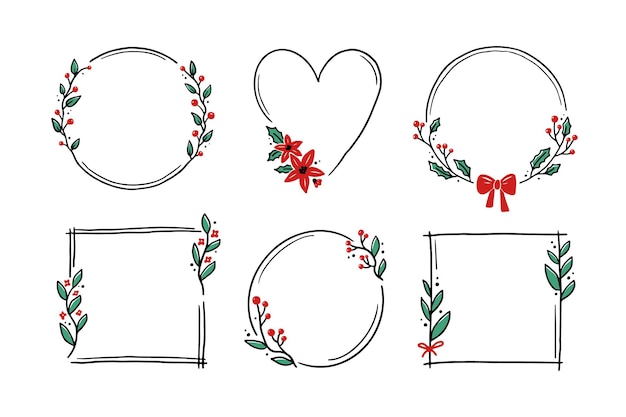 Quadro floral natal com forma circular, redonda e retangular. quadro de grinalda de estilo desenhado de mão doodle. ilustração vetorial para natal, decoração de casamento.