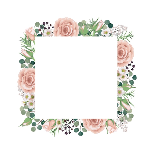 Quadro floral pêssego rosa verde eucalipto macio buquê de bagas de vegetação ilustração vetorial isolada no fundo branco