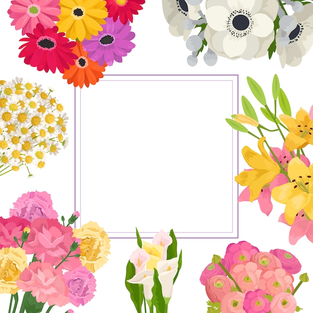 Quadro floral verão de buquês de flores no jardim de rosa, vermelho e amarelo anêmona, camomila e lírio, cópia.