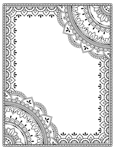 Vetor quadro na tradição oriental. estilizado com padrão decorativo de tatuagens de henna para decorar capas de livro, caderno, caixão, revista, cartão postal e pasta. mandala de flores em estilo mehndi.