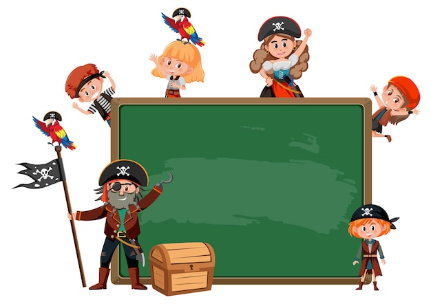 Quadro-negro vazio com o personagem de desenho animado de muitas crianças piratas