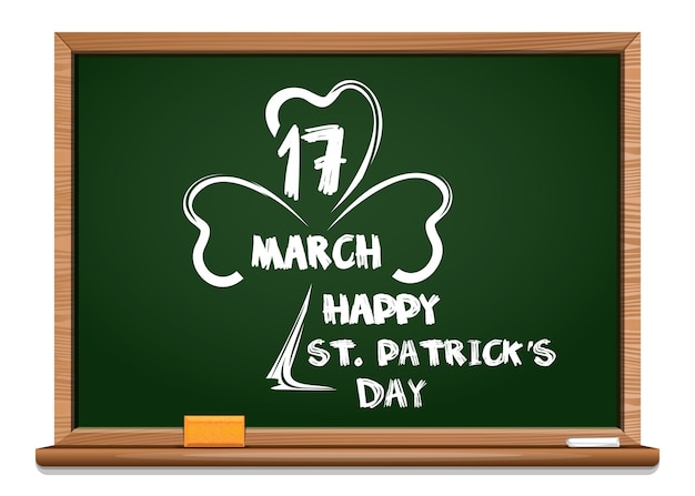 Quadro-negro verde com a imagem do trevo e parabéns no dia de São Patrício 17 de março Ilustração pintada de giz de trevo Patricks Day fundo tipográfico ilustração vetorial