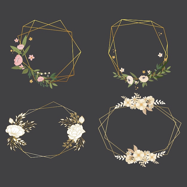Quadro poligonal dourado com flores elegantes