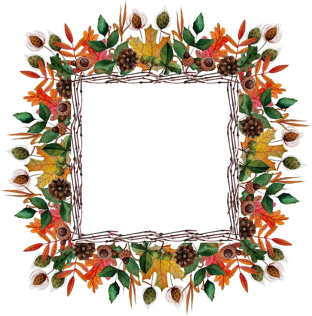 Quadro quadrado outono carvalho ashberry maple rosa mosqueta folhas de castanha e galhos de bolota de bardana