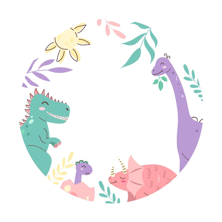 Vetor quadro redondo com dinossauros bonitos dinosauro kids style personagem bonito ilustração vetorial plana