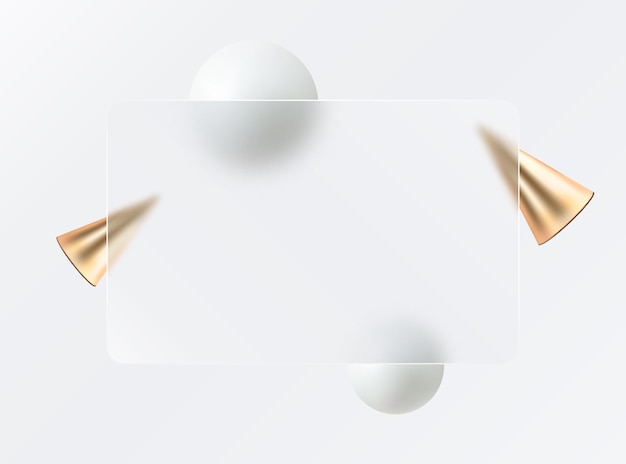 Vetor quadro transparente de vidro retangular com esferas brancas e cones dourados
