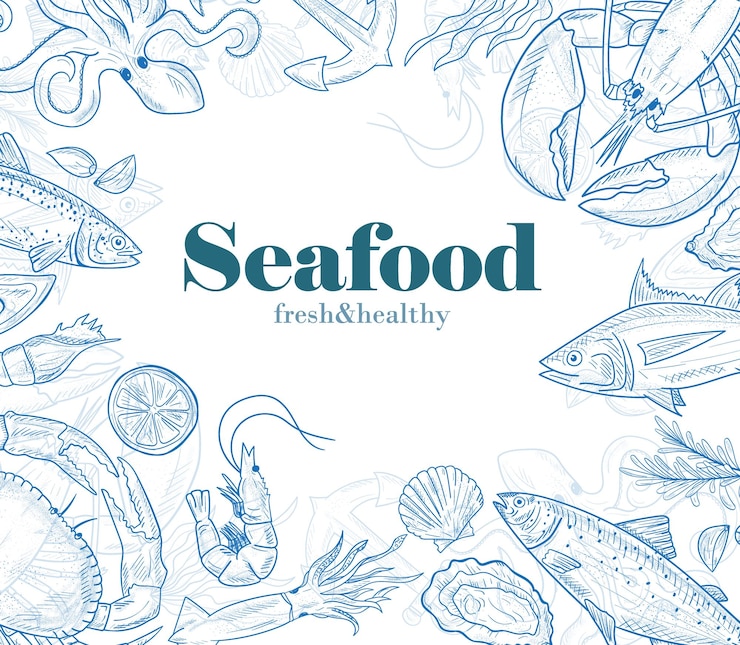 Vetor quadro vetorial com ilustração de frutos do mar desenhada à mão peixe fresco lagosta caranguejo ostra mexilhão lulas