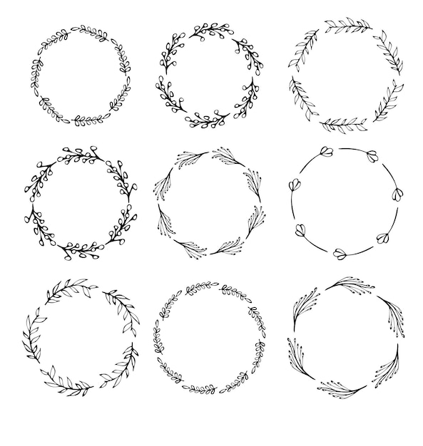 Quadros de círculo desenhados à mão coleção de ornamentos de casamento ilustração vetorial
