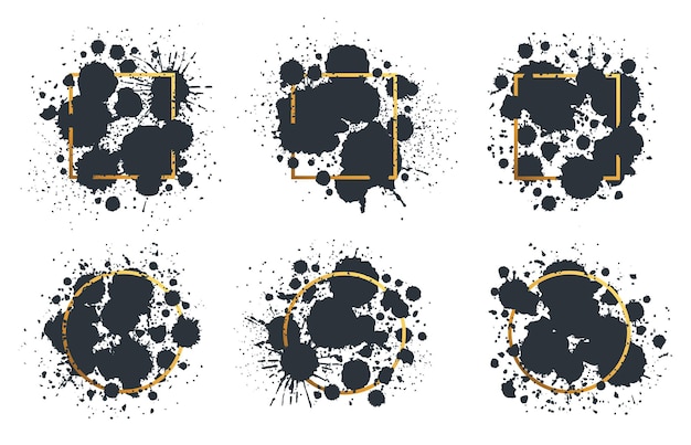 Quadros de gotas de tinta preta respingos de tinta e bordas de manchas coleção abstrata de respingos de tinta grunge de tinta de escrita cai silhuetas de quadros conjunto de ilustração vetorial plana